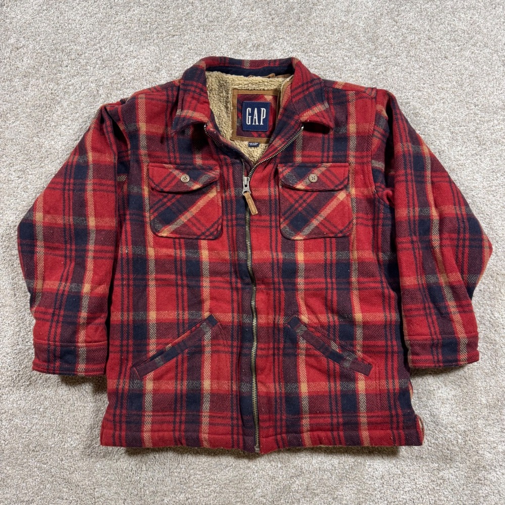 Gap Red Plaid Sherpa Lined Flannel Zip Up Shirt Jacket XXL Womens Navy Blue